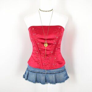 VTG 90s Y2K New Image Red Satin Floral Embroidered Sequins Beaded Bustier Sz 6